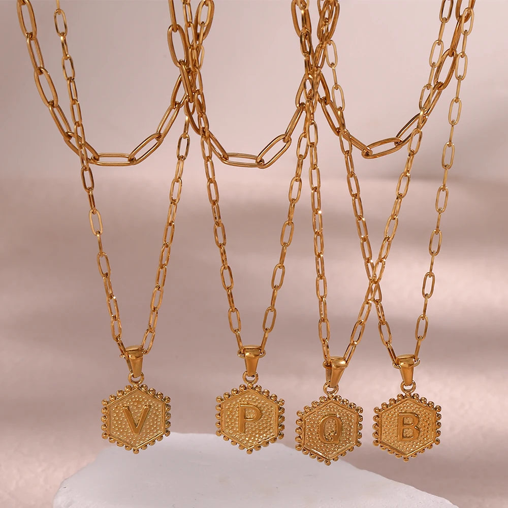 E.B.belle-Cadena de eslabones de doble capa para mujer, collar con inicial chapada en oro, 26 letras del alfabeto, forma Hexagonal, A-Z