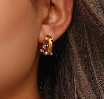 E.B.belle-pendientes gruesos de acero inoxidable chapados en oro para mujer, joyería de declaración gruesa pavimentada de circón de perla Irregular