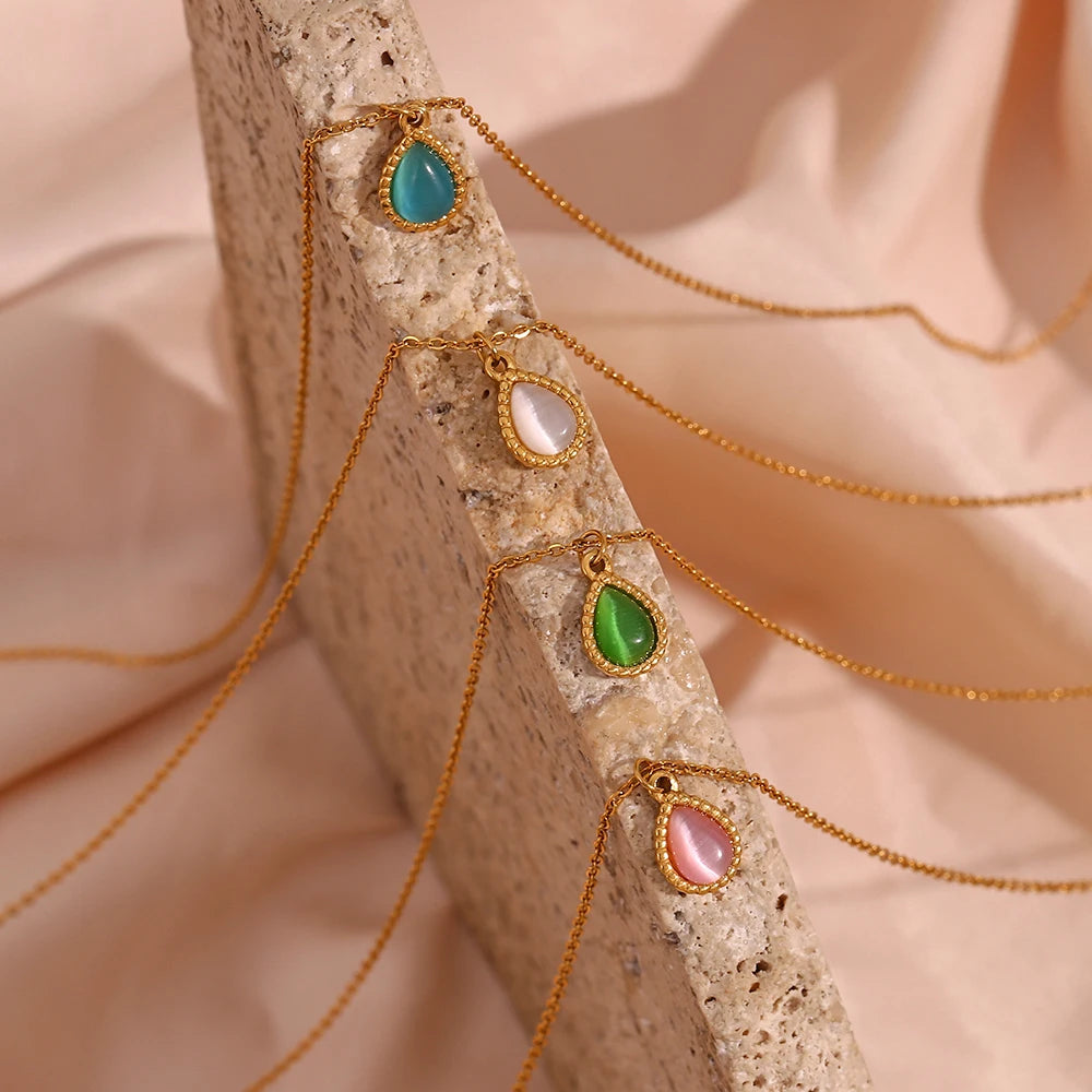 Collares de gota de agua de piedra semipreciosa para mujer, joyería de ópalo de acero inoxidable, regalo elegante, moda