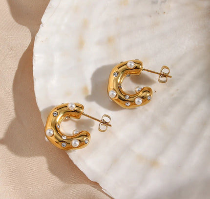 E.B.belle-pendientes gruesos de acero inoxidable chapados en oro para mujer, joyería de declaración gruesa pavimentada de circón de perla Irregular