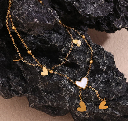 E.B.belle-tobillera de doble capa con forma de corazón para mujer, pulsera de acero inoxidable 316L, chapada en oro de 18K, color blanco y Beige