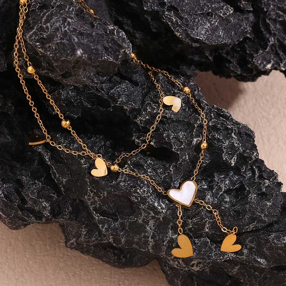 Tobillera Doble Capa Corazón en Acero Inoxidable Chapado en Oro