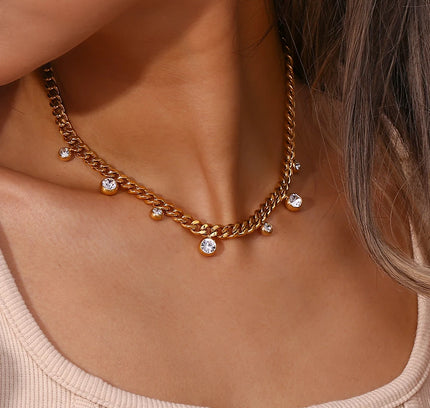 E.B.belle Collar de cadena cubana suave chapado en oro de 18 quilates círculo redondo cristal circón piedra encanto gargantilla collar para mujer