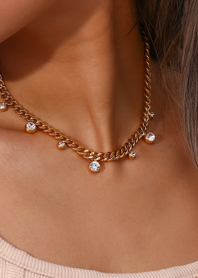 E.B.belle Collar de cadena cubana suave chapado en oro de 18 quilates círculo redondo cristal circón piedra encanto gargantilla collar para mujer