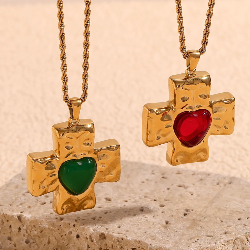 E.B.belle-collar con colgante de piedra de ágata en forma de corazón con diseño de martillo, joyería cruzada chapada en oro de 18k de acero inoxidable para mujer