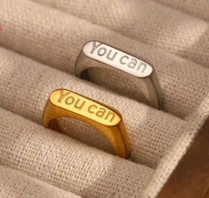 E.B.belle Anillo minimalista chapado en oro de 18 quilates "You can", resistente al agua, hipoalergénico, de acero inoxidable, joyería de moda para mujer