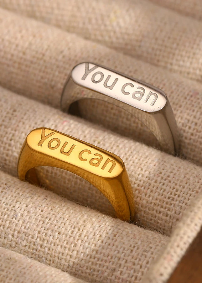 E.B.belle Anillo minimalista chapado en oro de 18 quilates "You can", resistente al agua, hipoalergénico, de acero inoxidable, joyería de moda para mujer