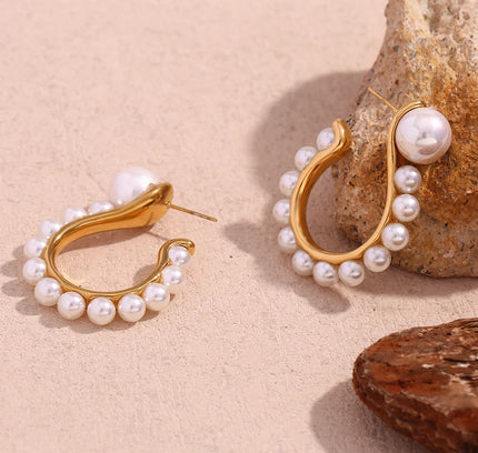 E.B.belle-pendientes en forma de gancho con perla exagerada, joyería chapada en oro de 18K, accesorios de acero inoxidable 316L