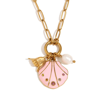 E.B.belle-collar con colgante de gesto de concha de diamantes de imitación coloridos, joyería de acero inoxidable de estilo lindo para mujer, chapado en oro de 18 quilates para niñas