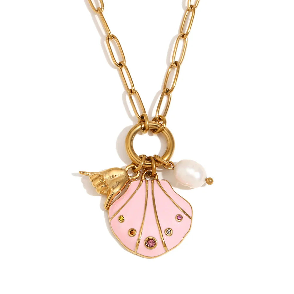 Collar con Colgante de Concha Multicolor Chapado en Oro