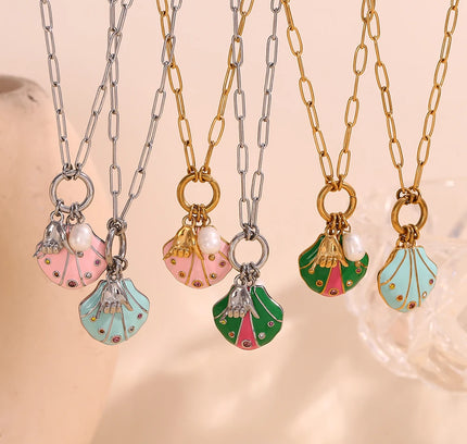 E.B.belle-collar con colgante de gesto de concha de diamantes de imitación coloridos, joyería de acero inoxidable de estilo lindo para mujer, chapado en oro de 18 quilates para niñas