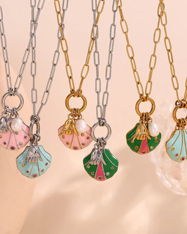 E.B.belle-collar con colgante de gesto de concha de diamantes de imitación coloridos, joyería de acero inoxidable de estilo lindo para mujer, chapado en oro de 18 quilates para niñas