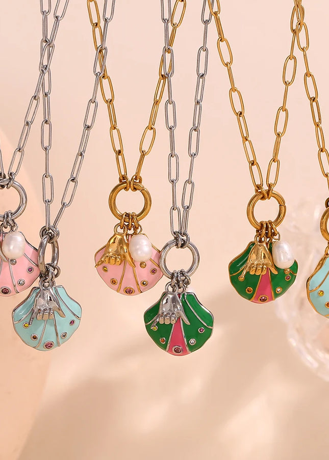E.B.belle-collar con colgante de gesto de concha de diamantes de imitación coloridos, joyería de acero inoxidable de estilo lindo para mujer, chapado en oro de 18 quilates para niñas