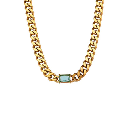 Collar con colgante de circón rectangular para mujer, cadena cubana de 6,5mm, Gargantilla de acero inoxidable chapada en oro, joyería