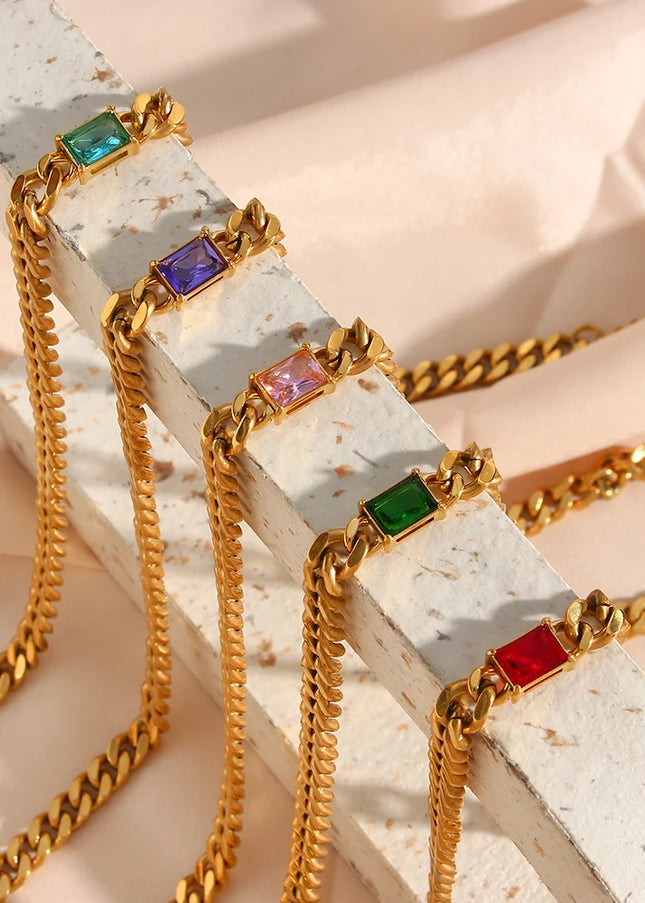Collar con colgante de circón rectangular para mujer, cadena cubana de 6,5mm, Gargantilla de acero inoxidable chapada en oro, joyería