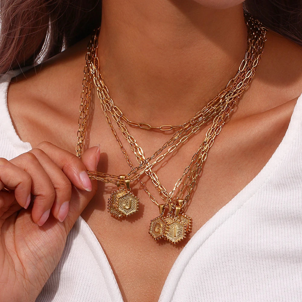E.B.belle-Cadena de eslabones de doble capa para mujer, collar con inicial chapada en oro, 26 letras del alfabeto, forma Hexagonal, A-Z