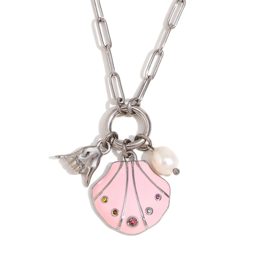 Collar con Colgante de Concha Multicolor Chapado en Oro