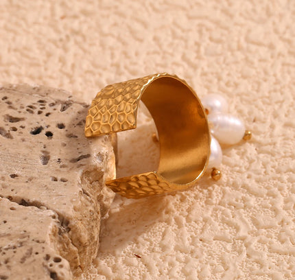E.B.belle Anillo ajustable de acero inoxidable chapado en oro de 18 quilates con diseño de martillo y borlas de perlas de estilo elegante para niña