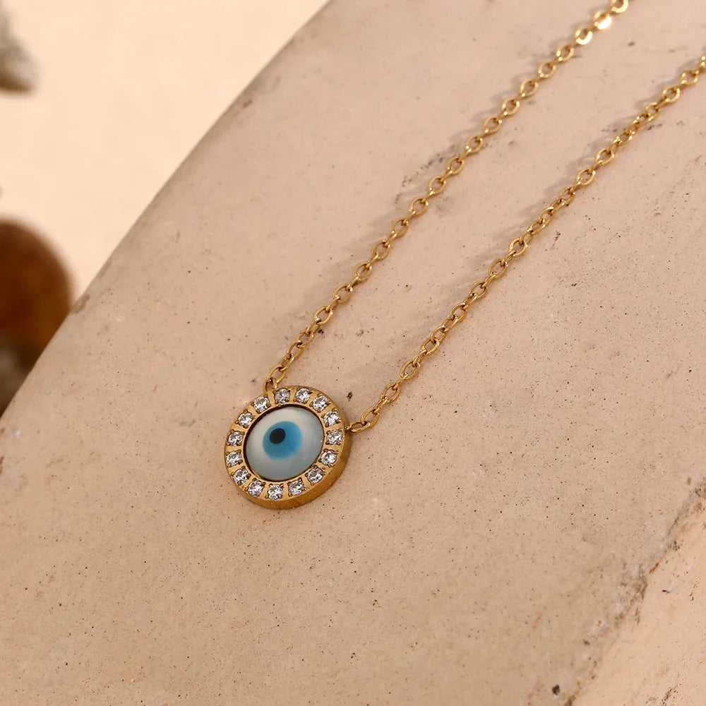 Collar de Ojo Turco con Colgante de Acero Inoxidable Chapado en Oro