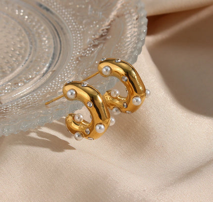 E.B.belle-pendientes gruesos de acero inoxidable chapados en oro para mujer, joyería de declaración gruesa pavimentada de circón de perla Irregular