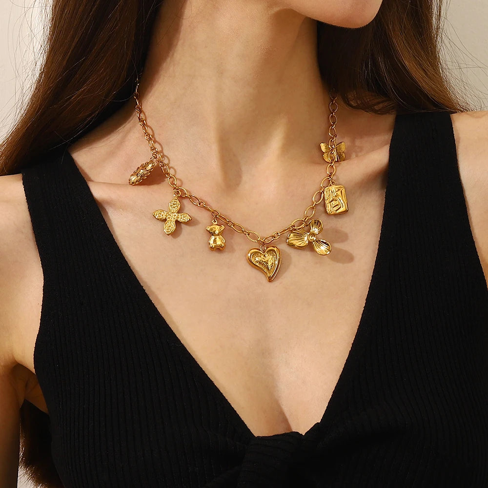 E.B.belle elegante gargantilla de acero inoxidable mariposa flor hoja corazón colgante collar chapado en oro joyería elegante para mujer