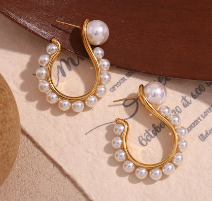 E.B.belle-pendientes en forma de gancho con perla exagerada, joyería chapada en oro de 18K, accesorios de acero inoxidable 316L