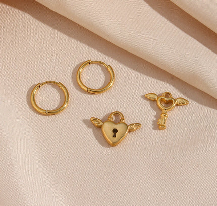 E.B.belle-pendientes asimétricos con cerradura de corazón de Cupido y ángel, aretes pequeños Huggies, aretes colgantes de acero inoxidable a la moda