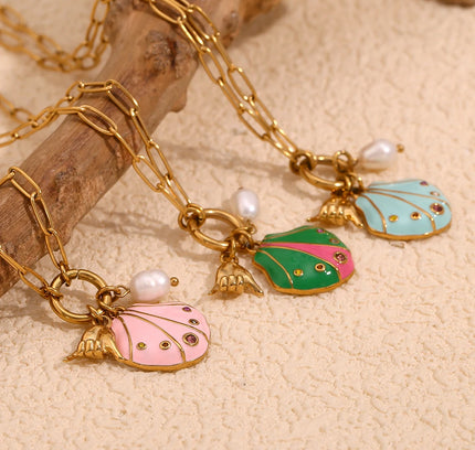 E.B.belle-collar con colgante de gesto de concha de diamantes de imitación coloridos, joyería de acero inoxidable de estilo lindo para mujer, chapado en oro de 18 quilates para niñas
