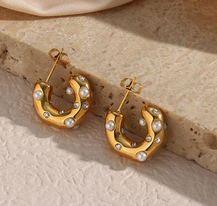 E.B.belle-pendientes gruesos de acero inoxidable chapados en oro para mujer, joyería de declaración gruesa pavimentada de circón de perla Irregular