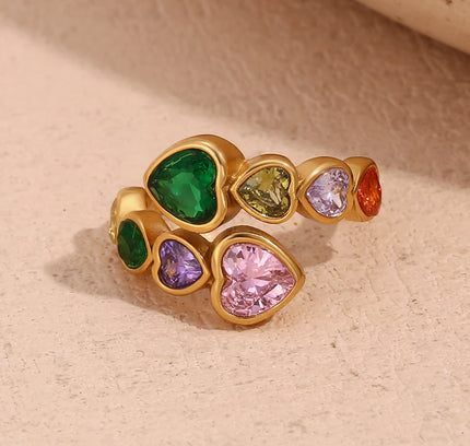 E.B.belle Anillo de circón con corazón abierto, colorido, hipoalergénico, decoración de acero inoxidable 316L, joyería chapada en oro de 18 quilates