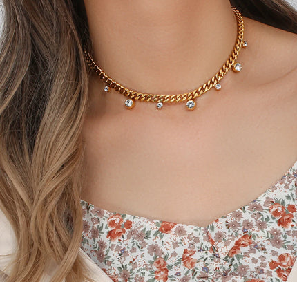 E.B.belle Collar de cadena cubana suave chapado en oro de 18 quilates círculo redondo cristal circón piedra encanto gargantilla collar para mujer