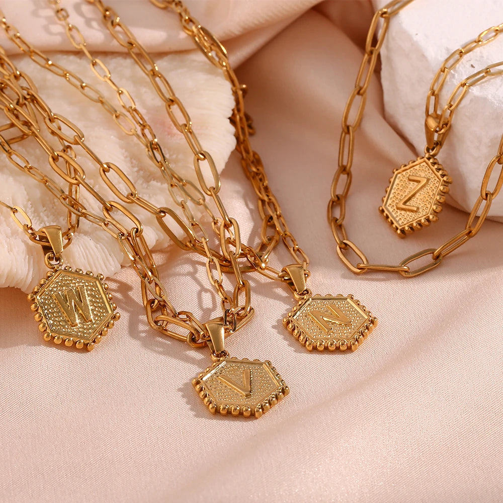 E.B.belle-Cadena de eslabones de doble capa para mujer, collar con inicial chapada en oro, 26 letras del alfabeto, forma Hexagonal, A-Z