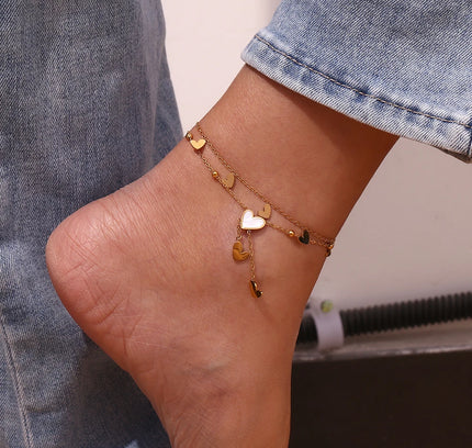 E.B.belle-tobillera de doble capa con forma de corazón para mujer, pulsera de acero inoxidable 316L, chapada en oro de 18K, color blanco y Beige