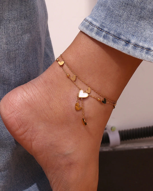 E.B.belle-tobillera de doble capa con forma de corazón para mujer, pulsera de acero inoxidable 316L, chapada en oro de 18K, color blanco y Beige