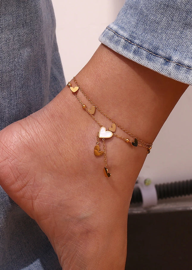 E.B.belle-tobillera de doble capa con forma de corazón para mujer, pulsera de acero inoxidable 316L, chapada en oro de 18K, color blanco y Beige