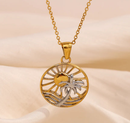 E.B.belle-collar con colgante de árbol de coco y sol de forma redonda de acero inoxidable, joyería hipoalergénica chapada en oro de 18 quilates para mujer