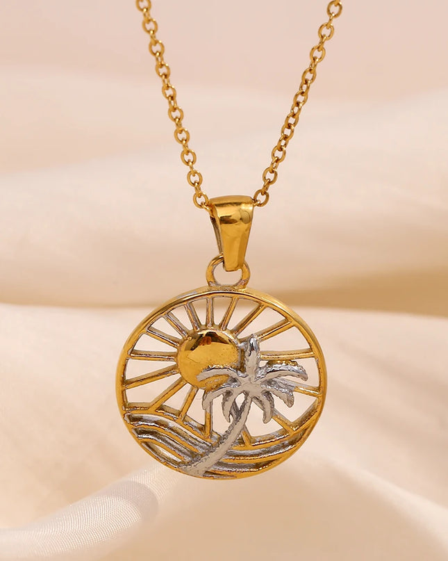 E.B.belle-collar con colgante de árbol de coco y sol de forma redonda de acero inoxidable, joyería hipoalergénica chapada en oro de 18 quilates para mujer
