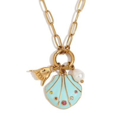 E.B.belle-collar con colgante de gesto de concha de diamantes de imitación coloridos, joyería de acero inoxidable de estilo lindo para mujer, chapado en oro de 18 quilates para niñas