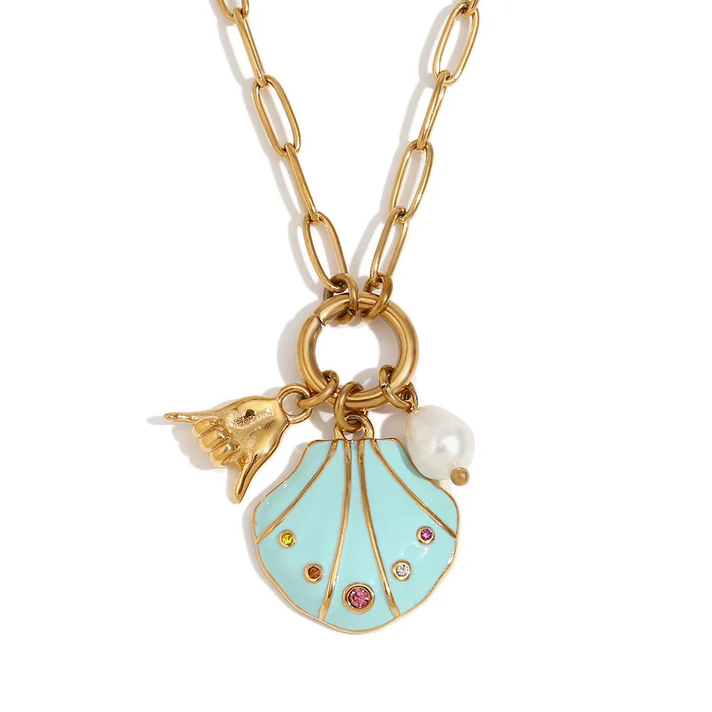 Collar con Colgante de Concha Multicolor Chapado en Oro