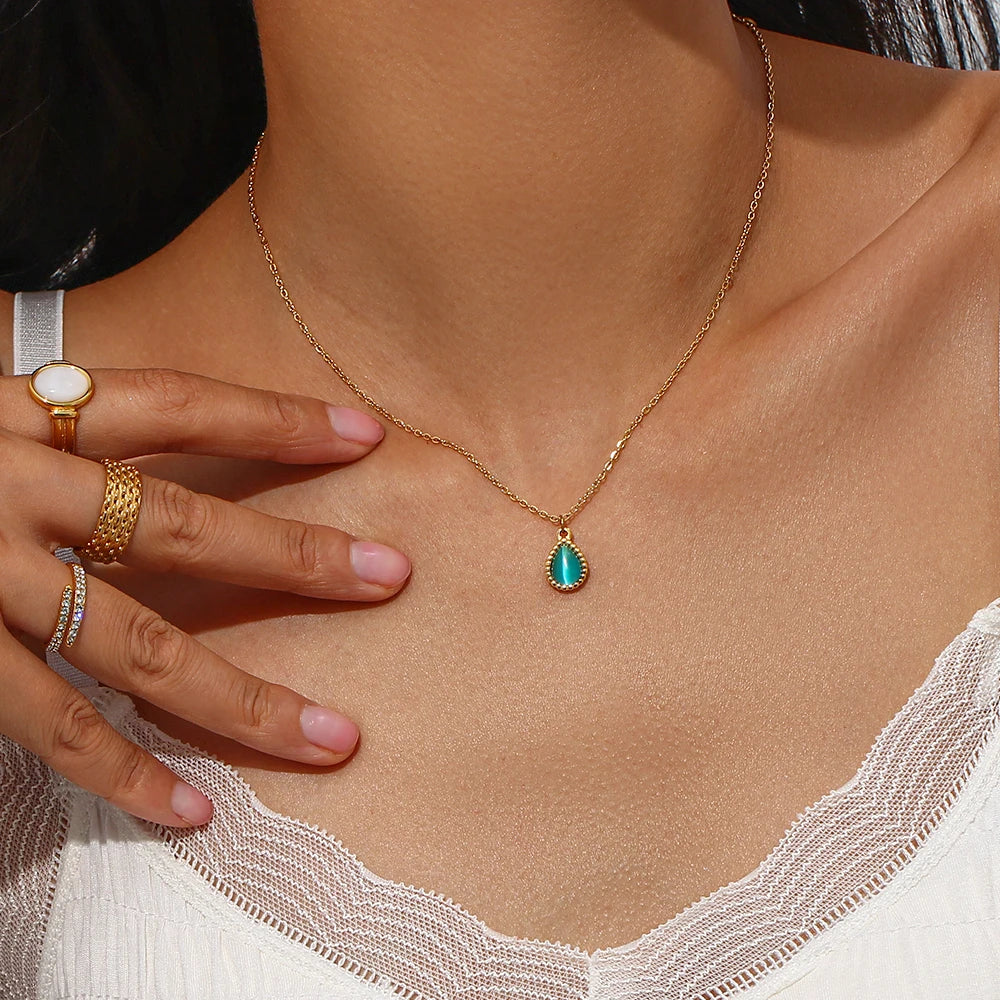 Collares de gota de agua de piedra semipreciosa para mujer, joyería de ópalo de acero inoxidable, regalo elegante, moda