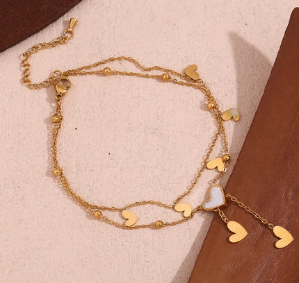 E.B.belle-tobillera de doble capa con forma de corazón para mujer, pulsera de acero inoxidable 316L, chapada en oro de 18K, color blanco y Beige
