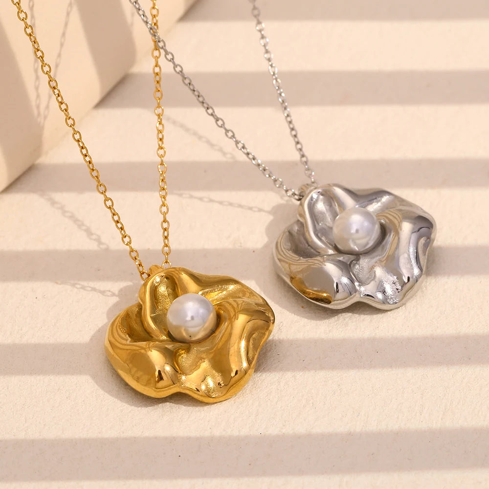 E.B.belle, nuevo diseño, collar con colgante de flor de perla, acero inoxidable, chapado en oro, joyería elegante para mujer a la moda