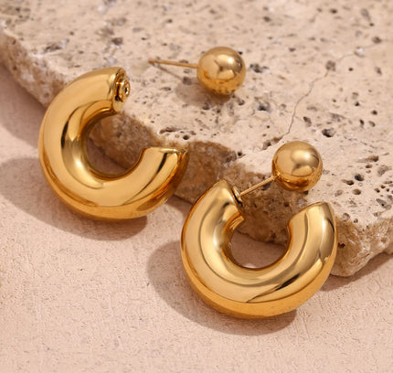 E.B.belle Pendientes de aro de bola redonda de tubo hueco de 30 mm, joyería chapada en oro de 18 quilates, pendientes de mujer de acero inoxidable 316L