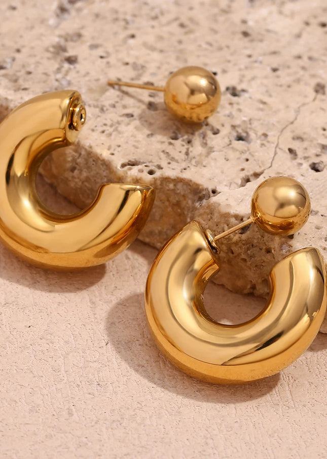 E.B.belle Pendientes de aro de bola redonda de tubo hueco de 30 mm, joyería chapada en oro de 18 quilates, pendientes de mujer de acero inoxidable 316L