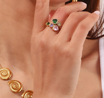 E.B.belle Anillo de circón con corazón abierto, colorido, hipoalergénico, decoración de acero inoxidable 316L, joyería chapada en oro de 18 quilates