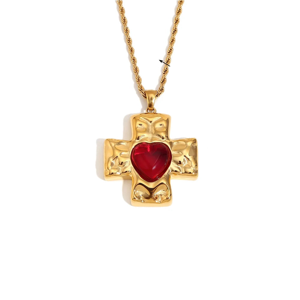 E.B.belle-collar con colgante de piedra de ágata en forma de corazón con diseño de martillo, joyería cruzada chapada en oro de 18k de acero inoxidable para mujer