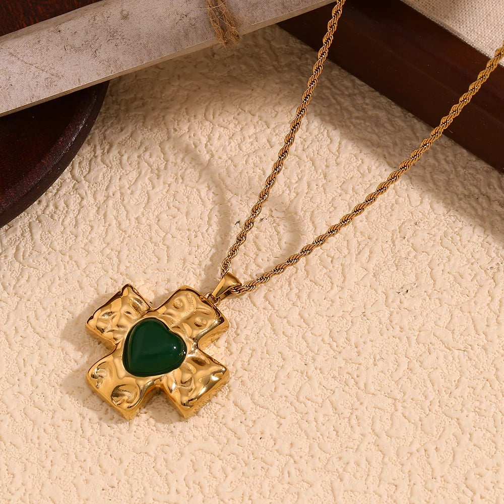 E.B.belle-collar con colgante de piedra de ágata en forma de corazón con diseño de martillo, joyería cruzada chapada en oro de 18k de acero inoxidable para mujer