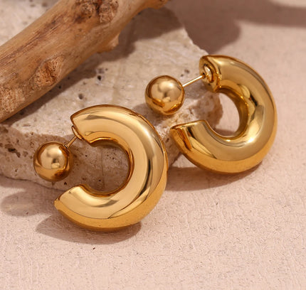 E.B.belle Pendientes de aro de bola redonda de tubo hueco de 30 mm, joyería chapada en oro de 18 quilates, pendientes de mujer de acero inoxidable 316L