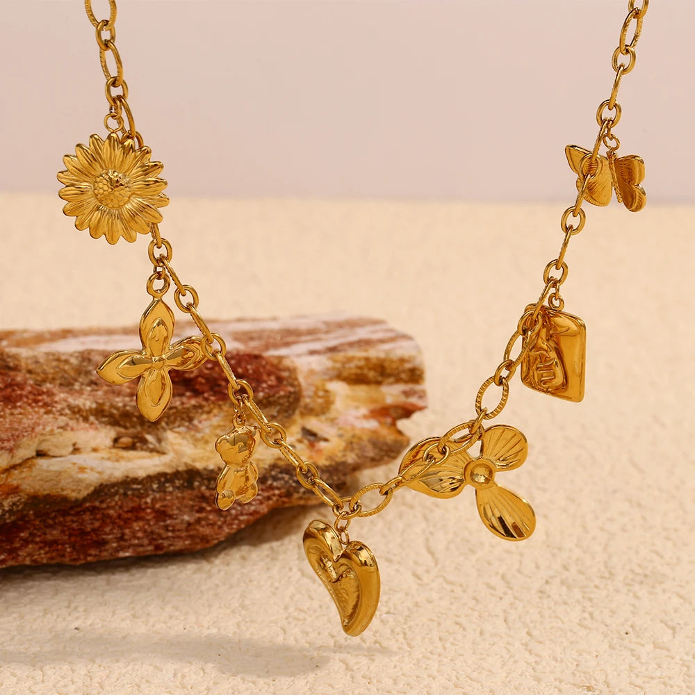 E.B.belle elegante gargantilla de acero inoxidable mariposa flor hoja corazón colgante collar chapado en oro joyería elegante para mujer