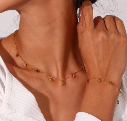 E.B.belle, collar con dije de piedra de circón cuadrado colorido, pulseras para mujer, joyería de Navidad de cristal de acero inoxidable resistente al agua